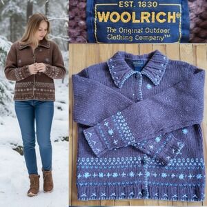 Woolrich Vintage Chunky Brown 100% Wool Sweater Cardigan Crochet details Size M